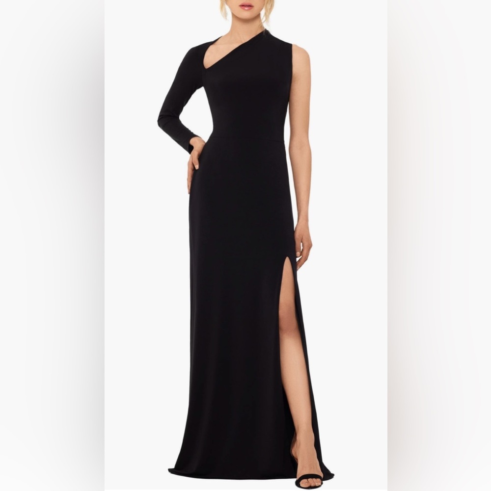 Betsy & Adam Asymmetric Single Long Sleeve Gown